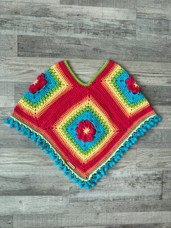 Unbranded Sweaters - Rainbow Granny Square Handmade Crochet Small Poncho Fits XS/S K50